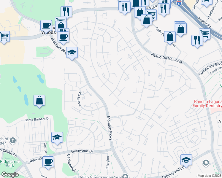 map of restaurants, bars, coffee shops, grocery stores, and more near 422 Avenida Castilla in Laguna Woods