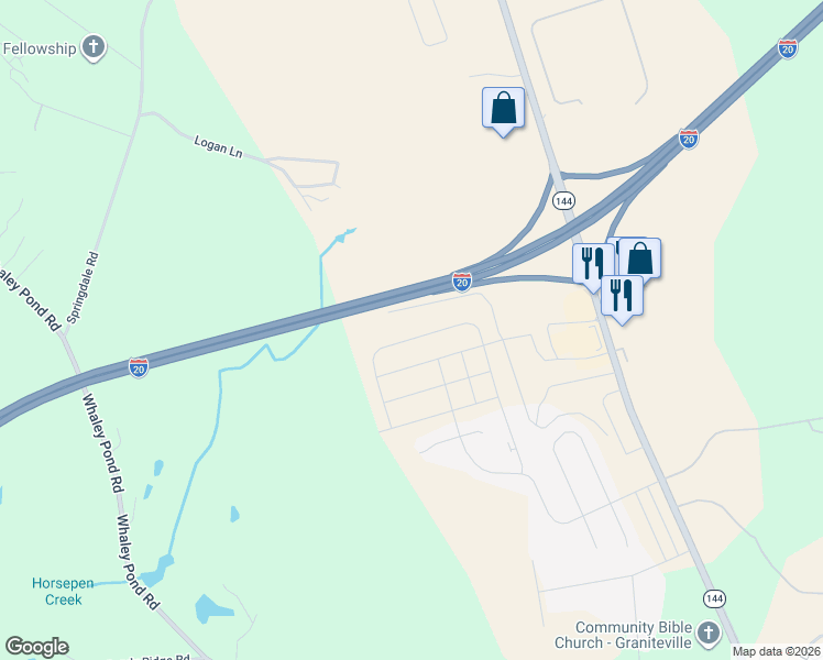 map of restaurants, bars, coffee shops, grocery stores, and more near Interstate 20 in Graniteville