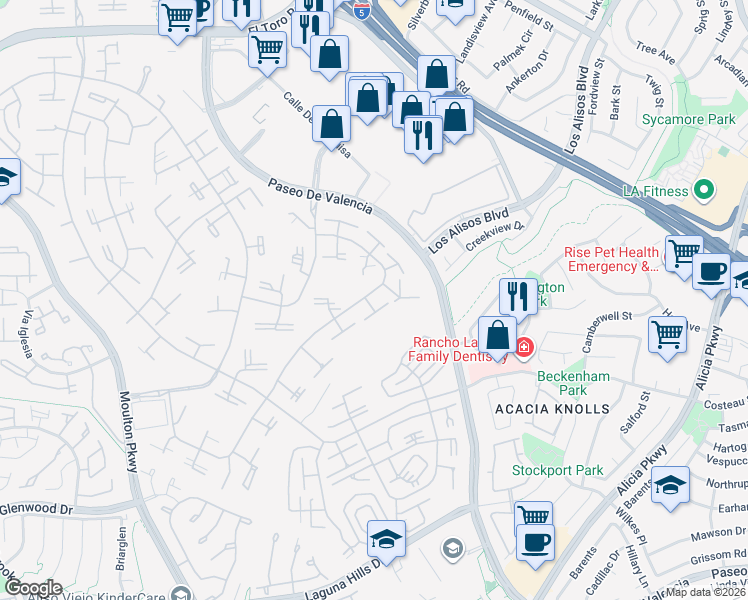 map of restaurants, bars, coffee shops, grocery stores, and more near 174 Avenida Majorca in Laguna Woods