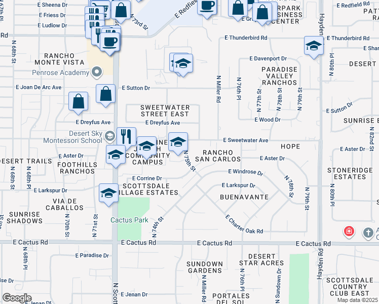 map of restaurants, bars, coffee shops, grocery stores, and more near 12917 North 75th Street in Scottsdale