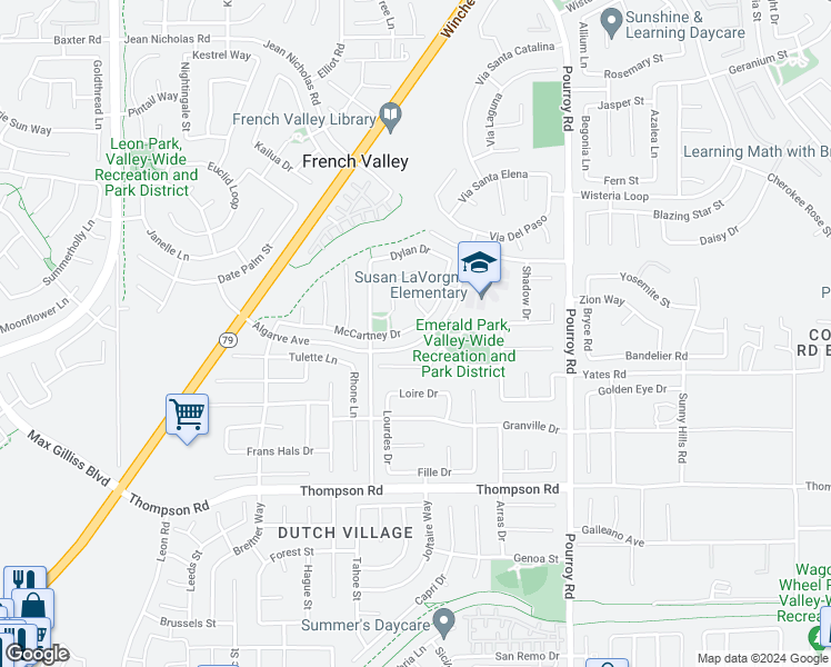 map of restaurants, bars, coffee shops, grocery stores, and more near 31675 McCartney Drive in Winchester