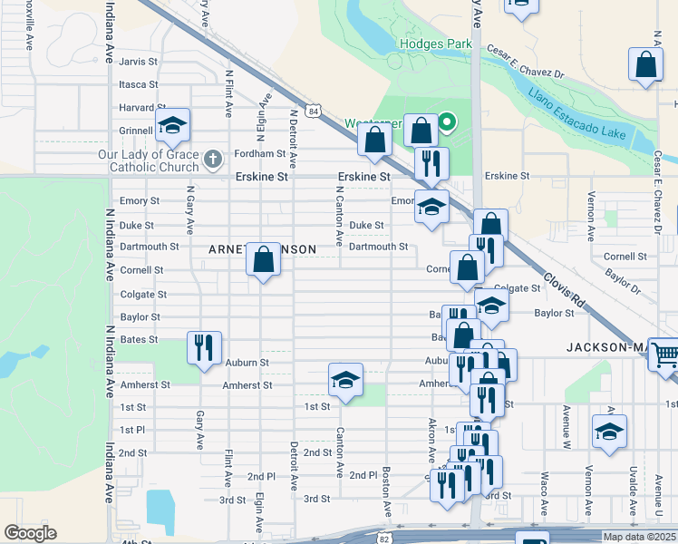 map of restaurants, bars, coffee shops, grocery stores, and more near 2729 Cornell Street in Lubbock