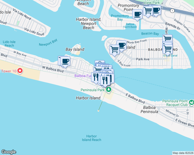 map of restaurants, bars, coffee shops, grocery stores, and more near 204 Adams Street in Newport Beach