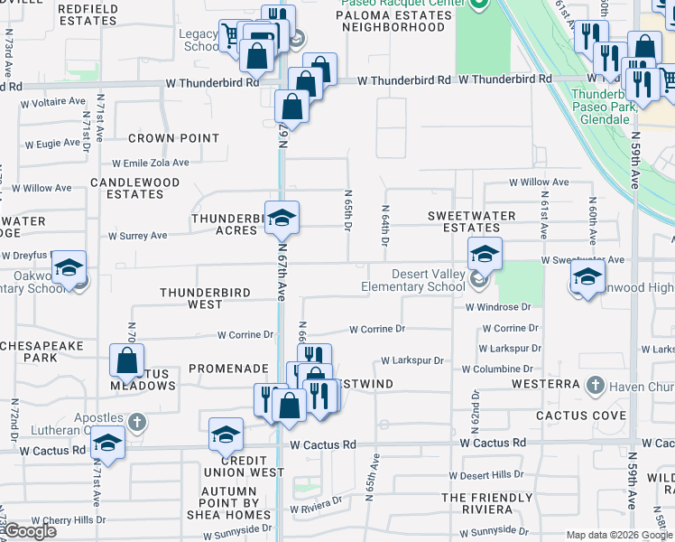 map of restaurants, bars, coffee shops, grocery stores, and more near 6535 West Sweetwater Avenue in Glendale
