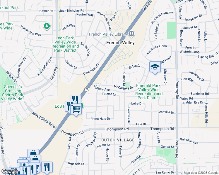 map of restaurants, bars, coffee shops, grocery stores, and more near 31411 McCartney Drive in Winchester
