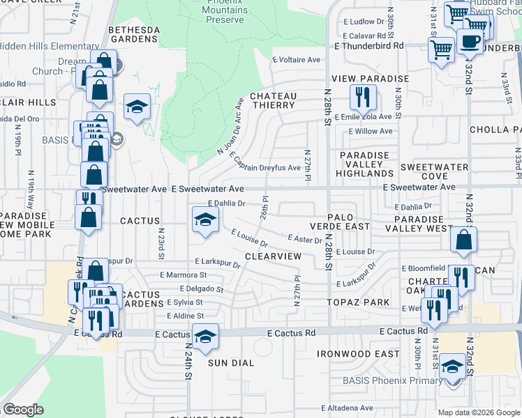map of restaurants, bars, coffee shops, grocery stores, and more near 2609 East Dahlia Drive in Phoenix