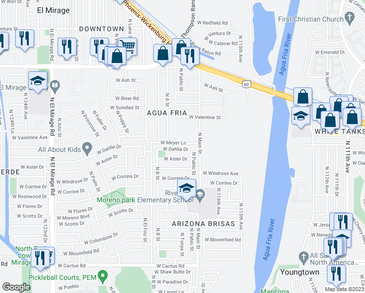 map of restaurants, bars, coffee shops, grocery stores, and more near 11780 West Dahlia Drive in El Mirage