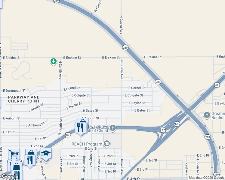 map of restaurants, bars, coffee shops, grocery stores, and more near 2939 Cornell Street in Lubbock