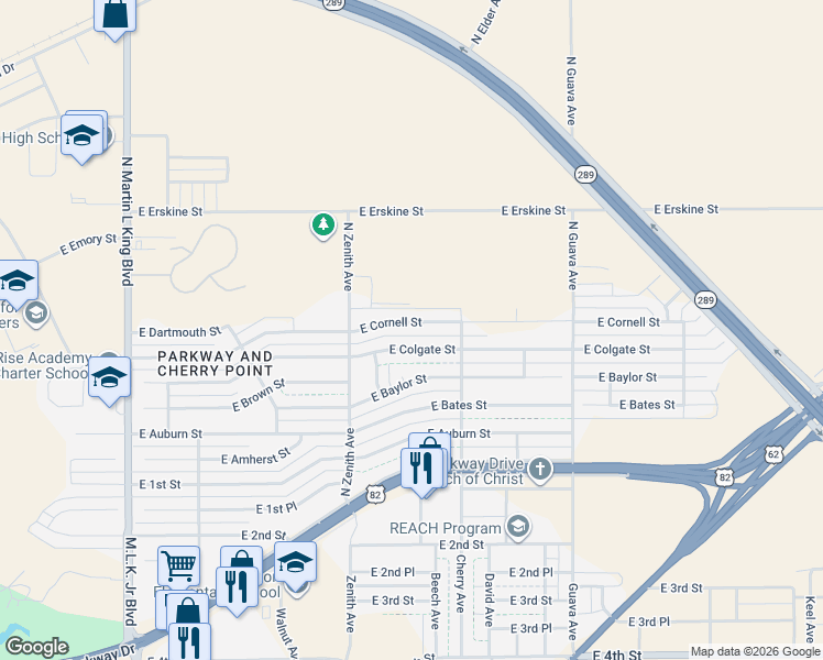 map of restaurants, bars, coffee shops, grocery stores, and more near 2618 East Cornell Street in Lubbock