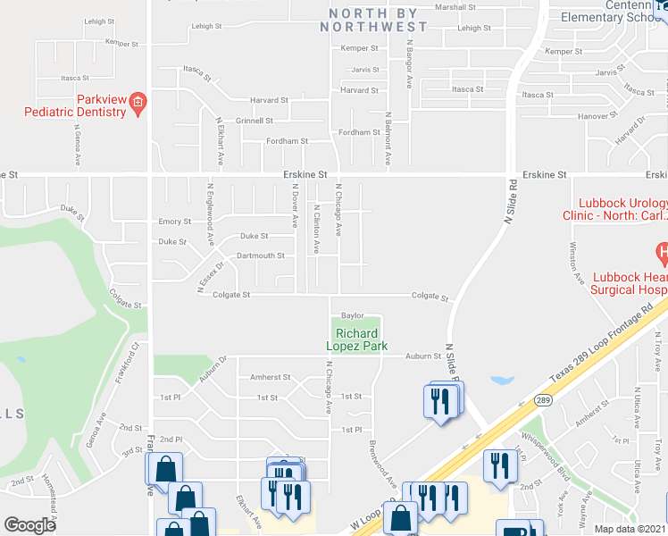 map of restaurants, bars, coffee shops, grocery stores, and more near 309 North Chicago Avenue in Lubbock
