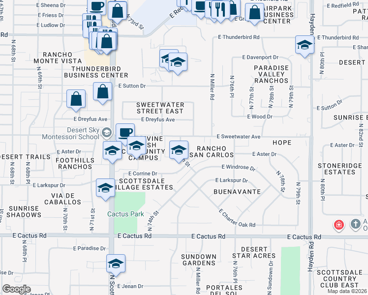 map of restaurants, bars, coffee shops, grocery stores, and more near 12917 North 75th Street in Scottsdale
