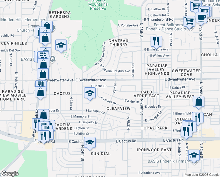 map of restaurants, bars, coffee shops, grocery stores, and more near 2609 East Dahlia Drive in Phoenix