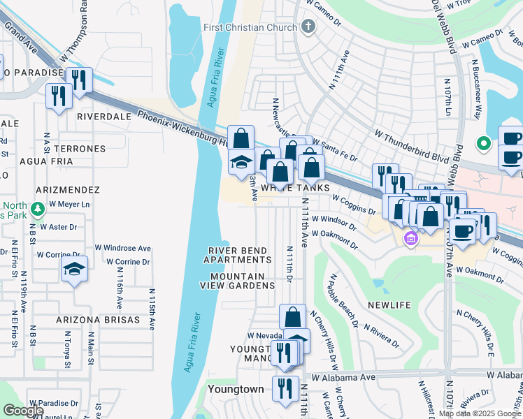 map of restaurants, bars, coffee shops, grocery stores, and more near in Youngtown