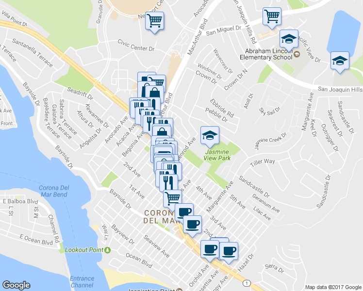 map of restaurants, bars, coffee shops, grocery stores, and more near 2726 Point Del Mar in Newport Beach