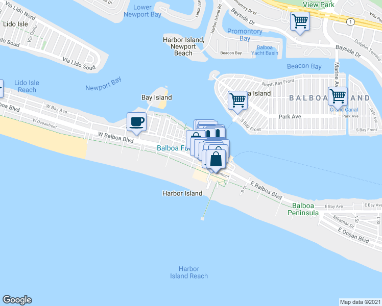 map of restaurants, bars, coffee shops, grocery stores, and more near 204 Adams Street in Newport Beach