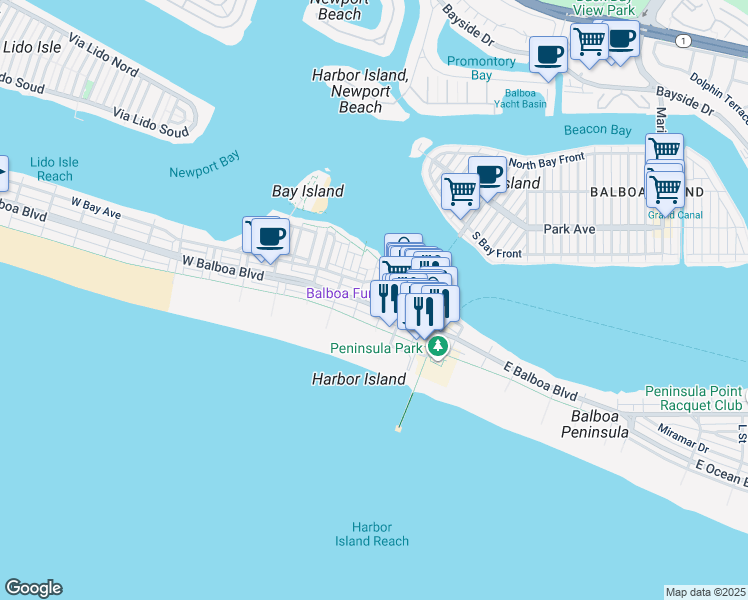 map of restaurants, bars, coffee shops, grocery stores, and more near 204 Adams Street in Newport Beach