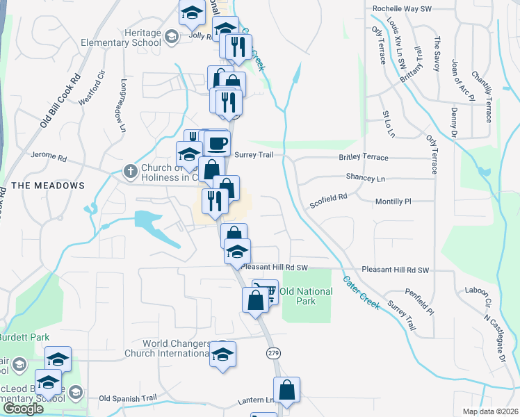 map of restaurants, bars, coffee shops, grocery stores, and more near 555 Willow Ash Drive in Atlanta