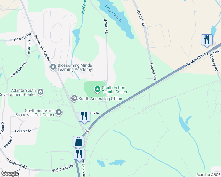 map of restaurants, bars, coffee shops, grocery stores, and more near 5590 Mason Road in Atlanta