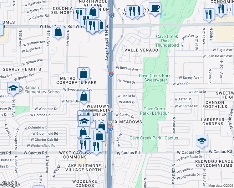 map of restaurants, bars, coffee shops, grocery stores, and more near 2634 West Dahlia Drive in Phoenix