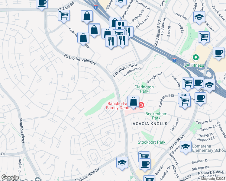 map of restaurants, bars, coffee shops, grocery stores, and more near 169 Avenida Majorca in Laguna Woods