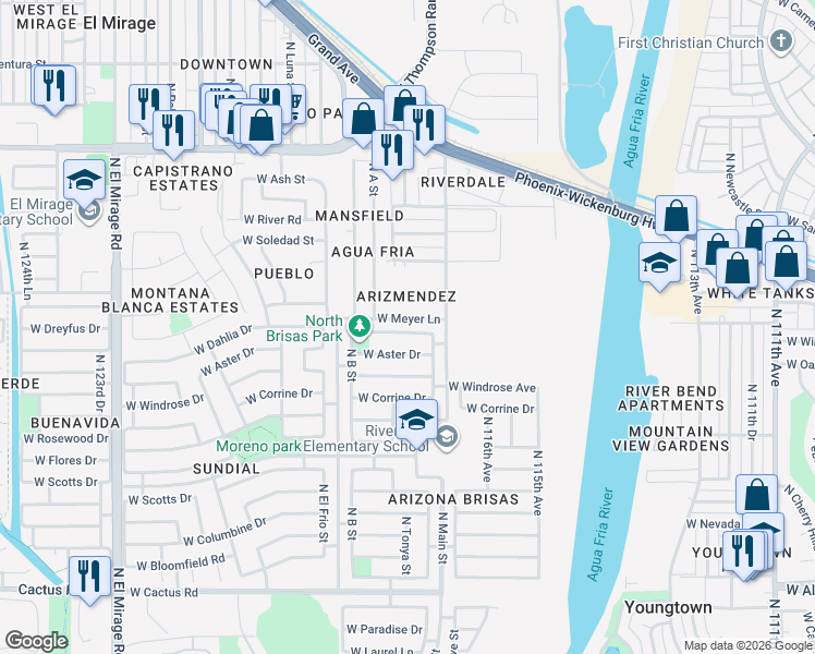 map of restaurants, bars, coffee shops, grocery stores, and more near 11780 West Dahlia Drive in El Mirage