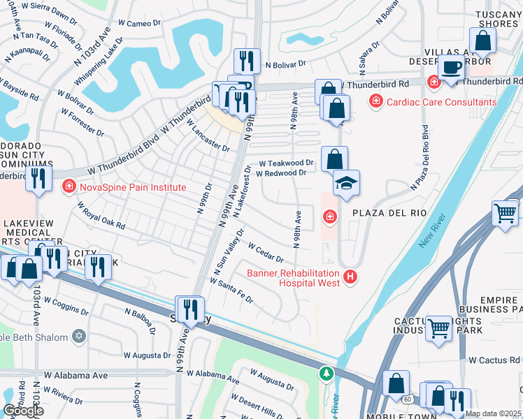 map of restaurants, bars, coffee shops, grocery stores, and more near 9842 West Emberwood Drive in Sun City