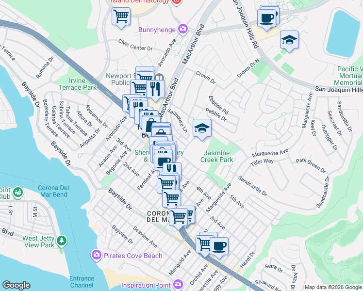 map of restaurants, bars, coffee shops, grocery stores, and more near 2730 Point Del Mar in Newport Beach