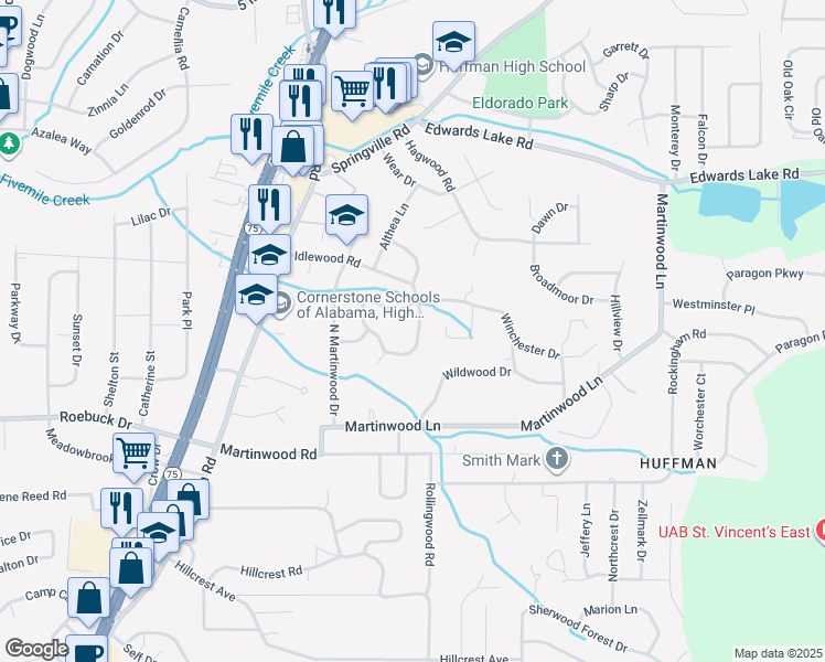 map of restaurants, bars, coffee shops, grocery stores, and more near 969 Ridgewood Circle in Birmingham