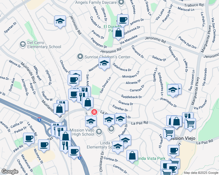 map of restaurants, bars, coffee shops, grocery stores, and more near 24751 Mosquero Lane in Mission Viejo