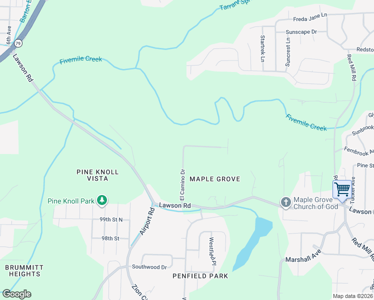 map of restaurants, bars, coffee shops, grocery stores, and more near 1101 El Camino Drive in Birmingham