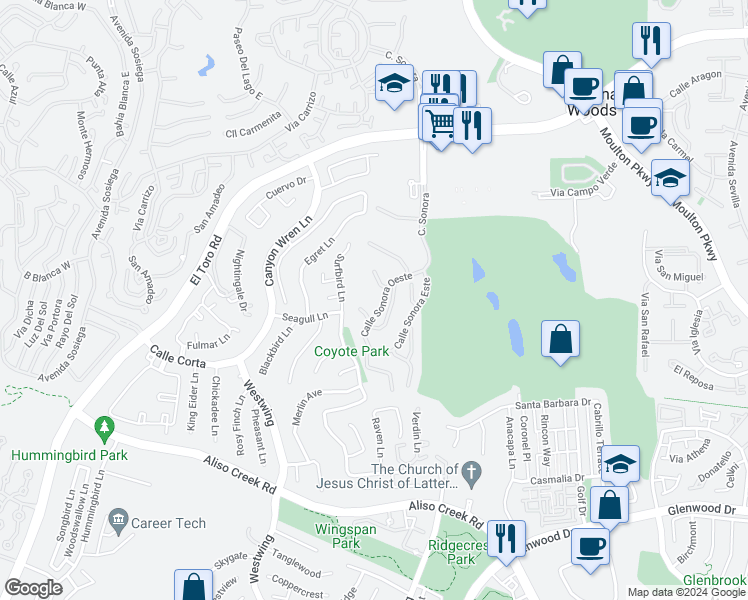 map of restaurants, bars, coffee shops, grocery stores, and more near 4009 Calle Sonora in Laguna Woods