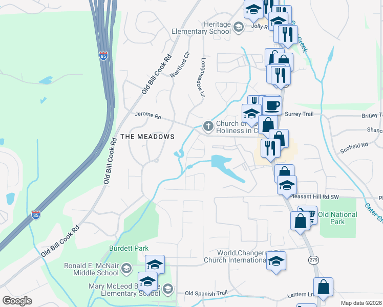 map of restaurants, bars, coffee shops, grocery stores, and more near 5772 3 Lakes Dr in College Park