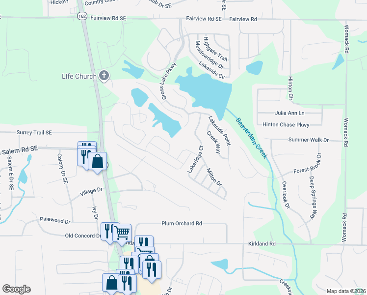 map of restaurants, bars, coffee shops, grocery stores, and more near 75 Milton Drive in Covington