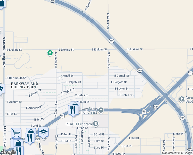 map of restaurants, bars, coffee shops, grocery stores, and more near 2917 E Colgate St in Lubbock