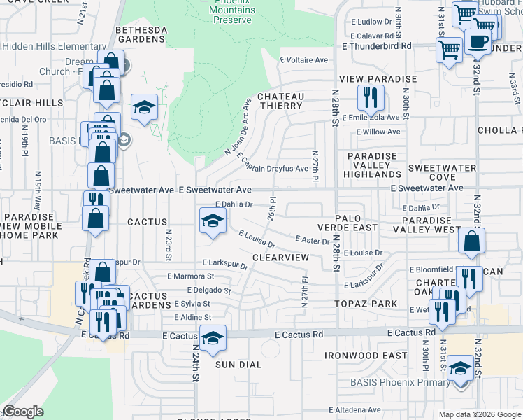 map of restaurants, bars, coffee shops, grocery stores, and more near 2609 East Dahlia Drive in Phoenix