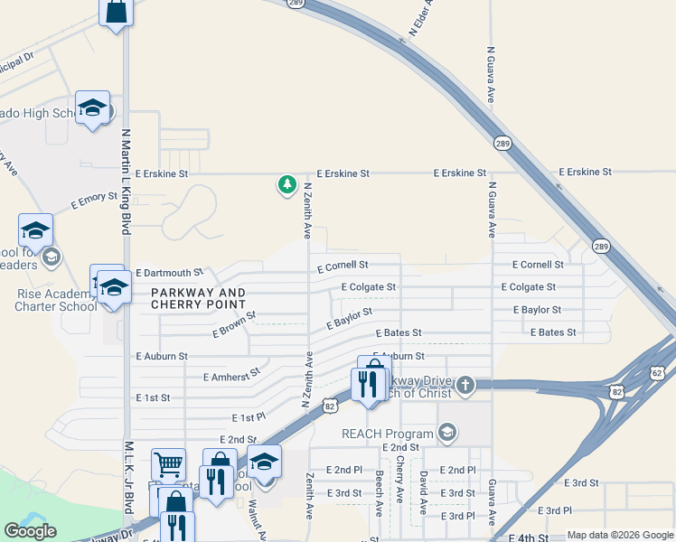 map of restaurants, bars, coffee shops, grocery stores, and more near 2618 East Cornell Street in Lubbock