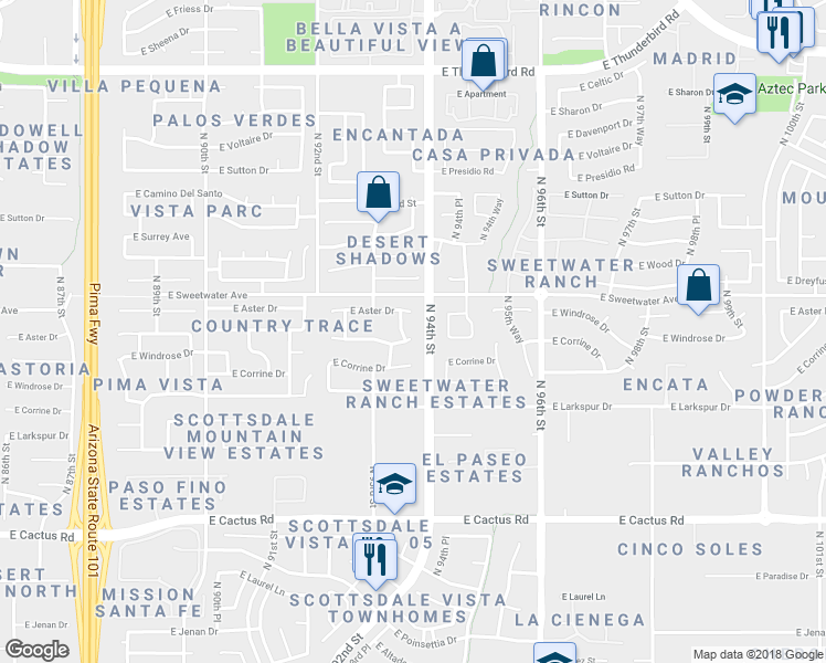 map of restaurants, bars, coffee shops, grocery stores, and more near 9372 East Windrose Drive in Scottsdale