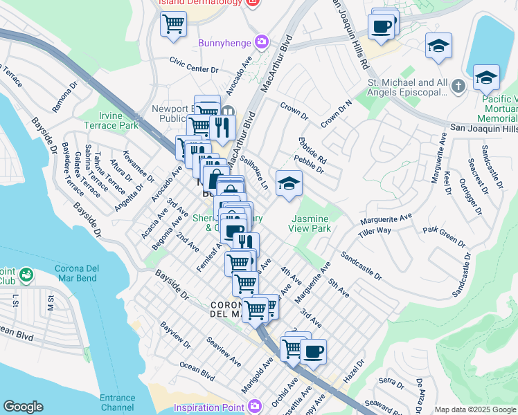 map of restaurants, bars, coffee shops, grocery stores, and more near 2730 Point Del Mar in Newport Beach