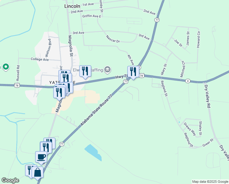 map of restaurants, bars, coffee shops, grocery stores, and more near 76649 Hwy 77 in Lincoln