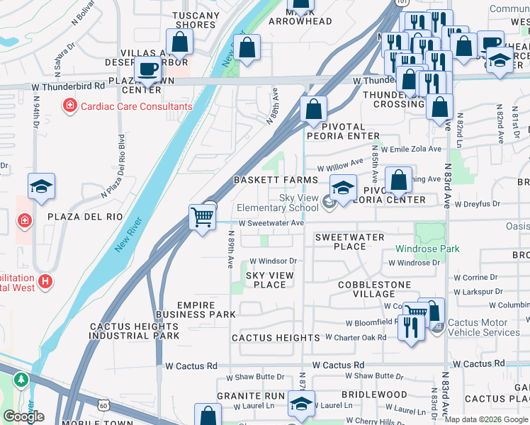 map of restaurants, bars, coffee shops, grocery stores, and more near 13062 North 88th Avenue in Peoria