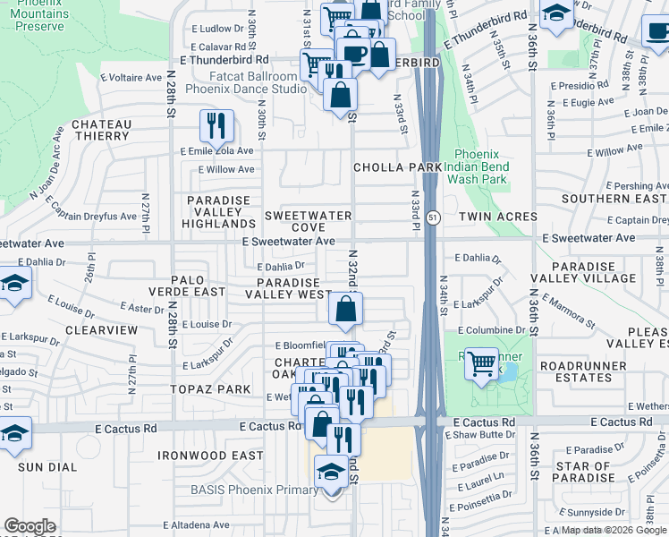map of restaurants, bars, coffee shops, grocery stores, and more near 3117 East Dahlia Drive in Phoenix