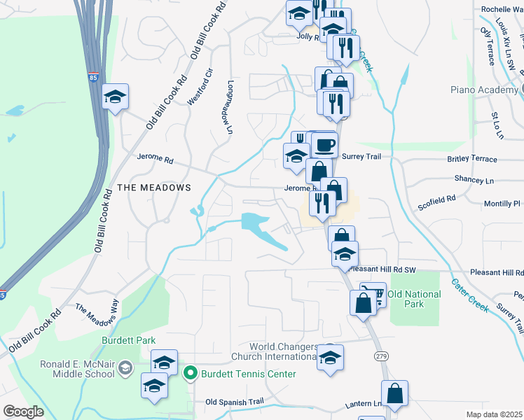 map of restaurants, bars, coffee shops, grocery stores, and more near 714 Camelot Drive in Atlanta