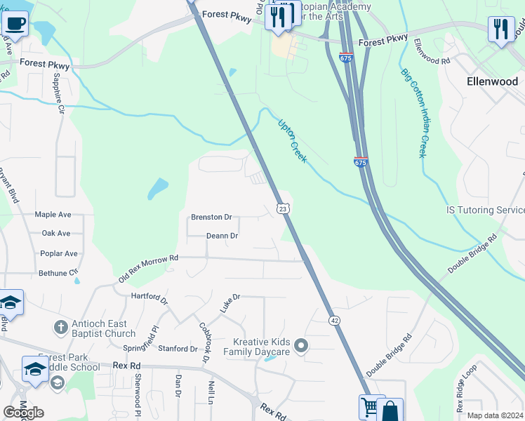 map of restaurants, bars, coffee shops, grocery stores, and more near 2716 Brenston Drive in Ellenwood