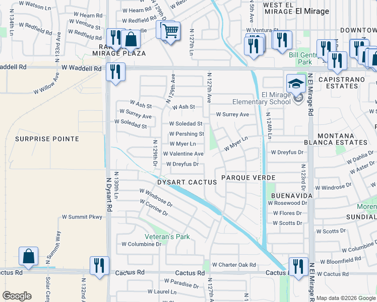 map of restaurants, bars, coffee shops, grocery stores, and more near 12754 West Valentine Avenue in El Mirage
