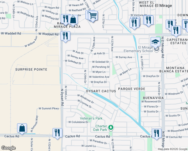 map of restaurants, bars, coffee shops, grocery stores, and more near 12830 West Valentine Avenue in El Mirage