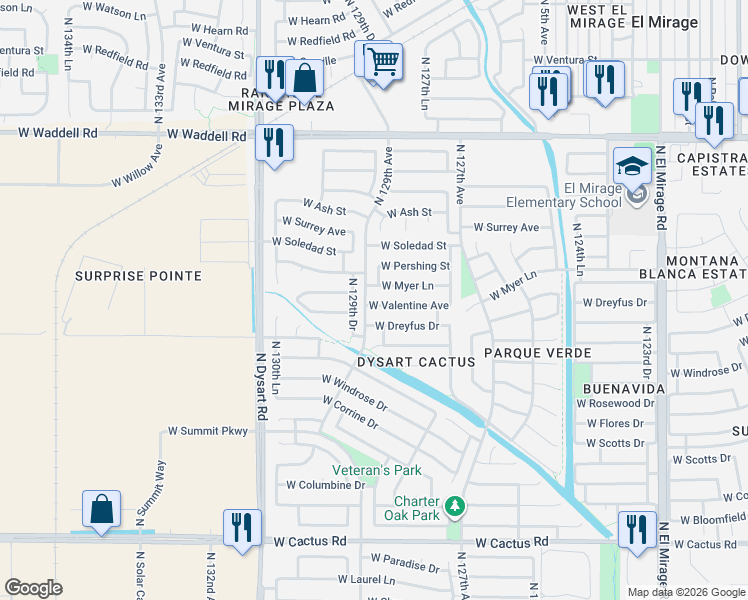 map of restaurants, bars, coffee shops, grocery stores, and more near 12830 West Valentine Avenue in El Mirage
