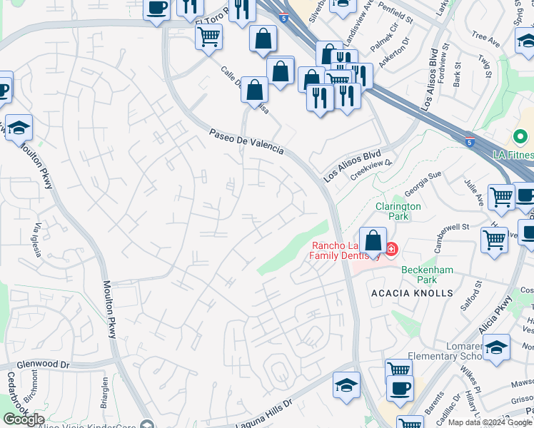 map of restaurants, bars, coffee shops, grocery stores, and more near 220 Avenida Majorca in Laguna Woods