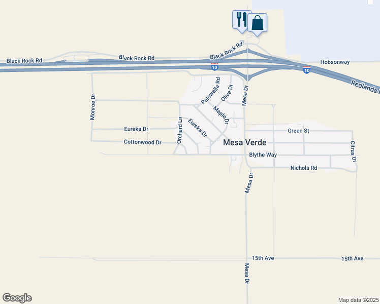 map of restaurants, bars, coffee shops, grocery stores, and more near 18240 Blythe Way in Blythe