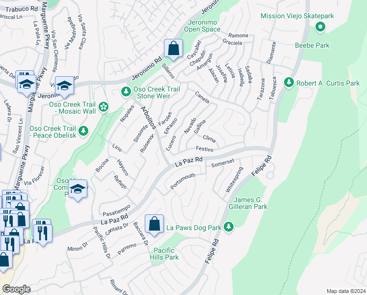 map of restaurants, bars, coffee shops, grocery stores, and more near 27951 Gallina in Mission Viejo