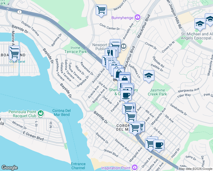 map of restaurants, bars, coffee shops, grocery stores, and more near 601 Begonia Avenue in Newport Beach